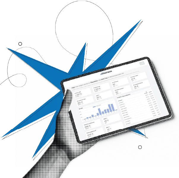Hand, die ein Tablet hält auf dem Dashboards und Reportings zu sehen sind.  
