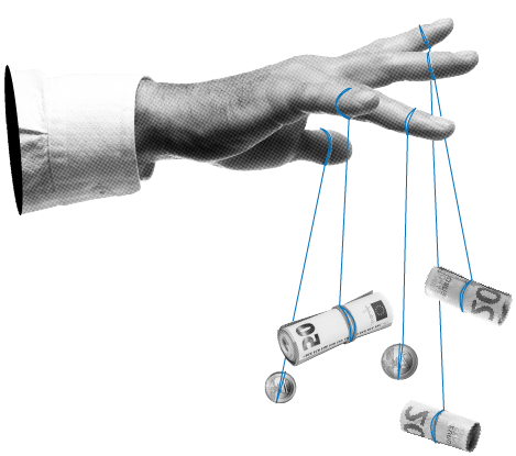 Hand mit Marionettenfäden, an denen Geldscheine befestigt sind.