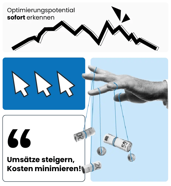 Grafik zur Umsatz- und Kostenoptimierung: Diagramm mit steigenden und fallenden Linien, drei große Pfeil-Cursor-Symbole, eine Hand steuert Geldscheine wie Marionetten und Text 