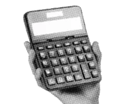 Zwei Hände halten einen Taschenrechner mit großem Display und numerischer Tastatur.