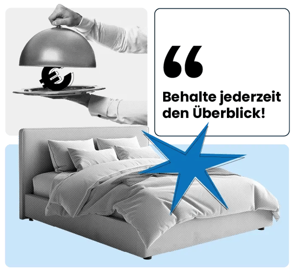 Oben in der linken Ecke befindet sich ein Metall Glocke auf der ein Eurostück präsentiert wird, im unteren Viereck befindet sich ein Bett und oben in der Ecke befindet sich ein Kästchen mit einem Zitat.