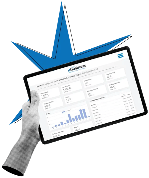Eine Hand hält ein Tablet auf dem ein MEINbusiness Dashboard zu sehen ist.