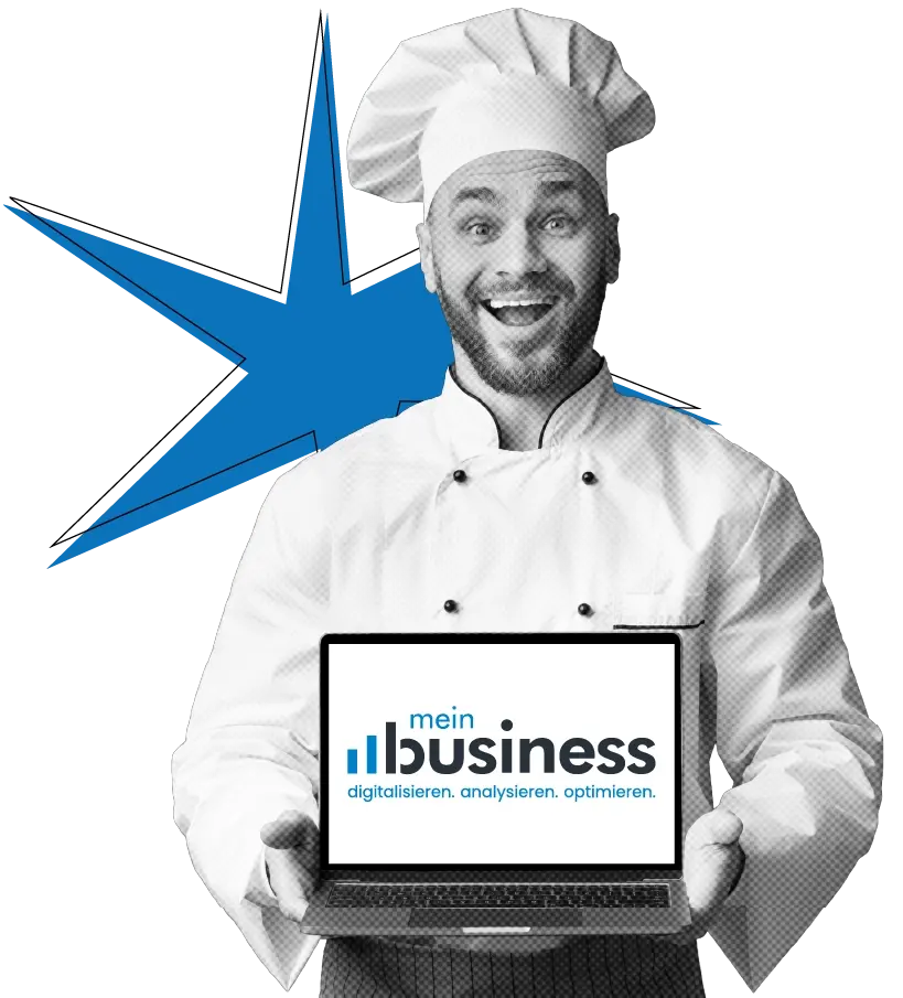 Eine Person in Kochbekleidung hält einen geöffneten Laptop vor sich. Auf dem Bildschirm steht das Logo von ‚MEINbusiness‘ mit dem Zusatz 