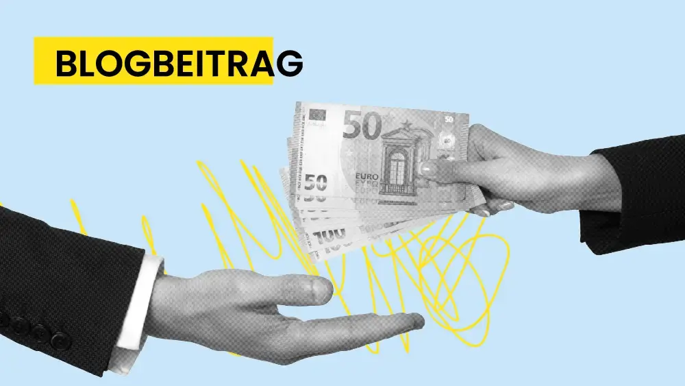 Eine Hand von rechts mit Geldscheinen in der Hand und es einer anderen Hand, die von links kommt, übergibt.