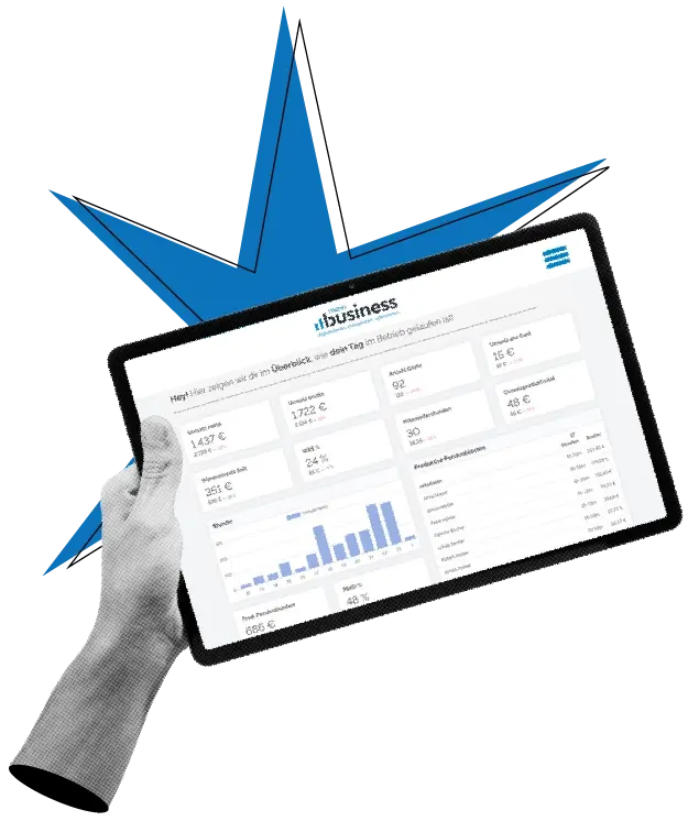 Eine Hand hält ein Tablet auf dem ein MEINbusiness Dashboard zu sehen ist.